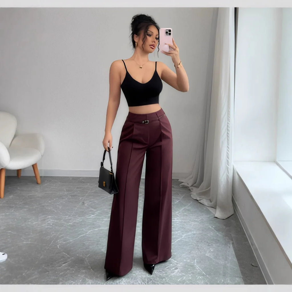 High Waist Solid Pants For Women Casual Belt Wide-leg Trousers Ladies With Pockets Office Wear Pants Pantalones Mujer Summer
