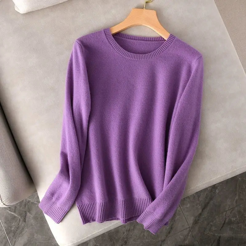 Women's 100% Wool Sweater Style Loose Fitting Pullover AutumnWinter Long Sleeved Solid Color Knit Jumper Round Neck Top