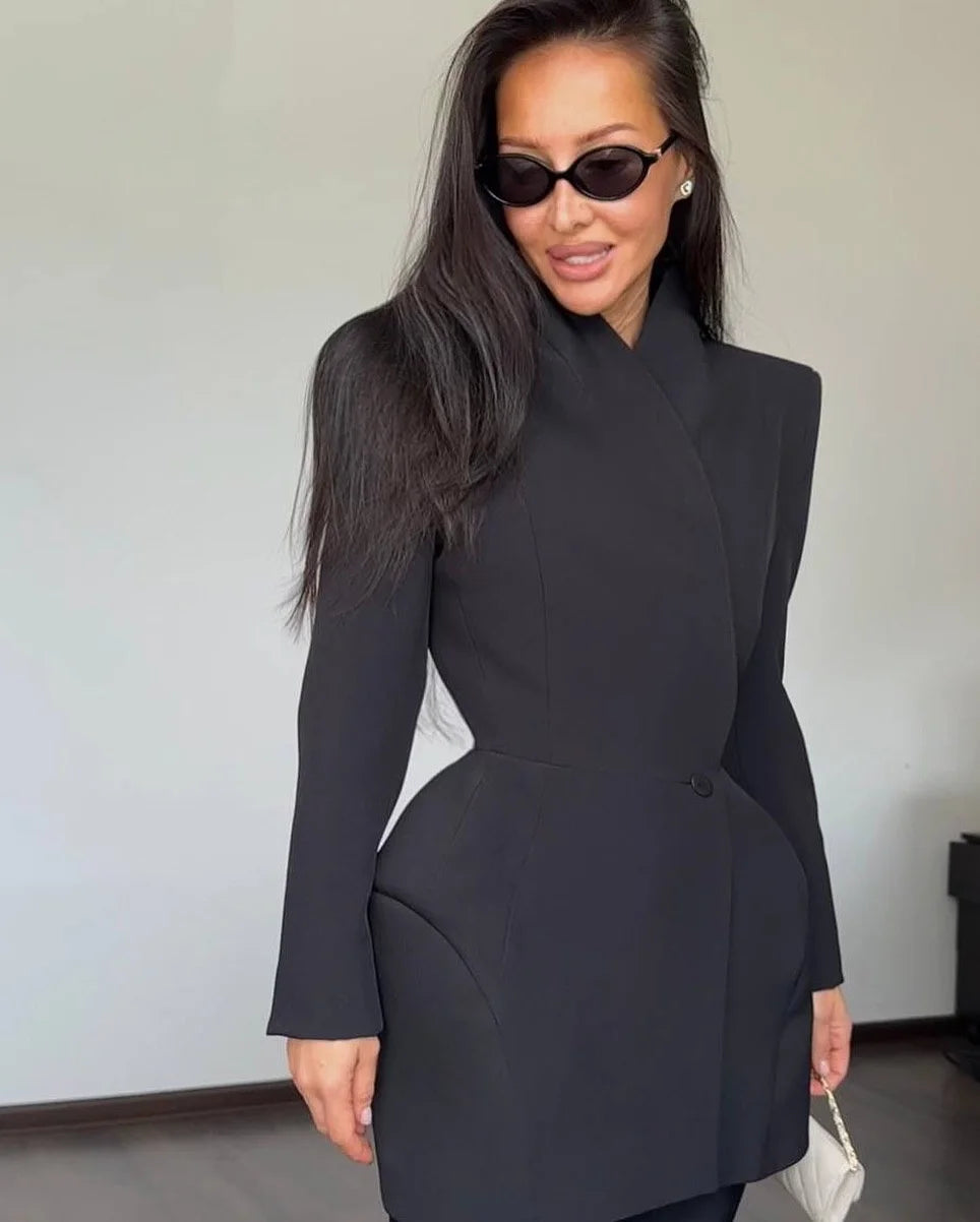 Waist Cinching Suit Jacket Women Elegant V-neck Full Sleeve Single Button Shoulder Pad Slim Coat Fashion Lady Commute Jackets