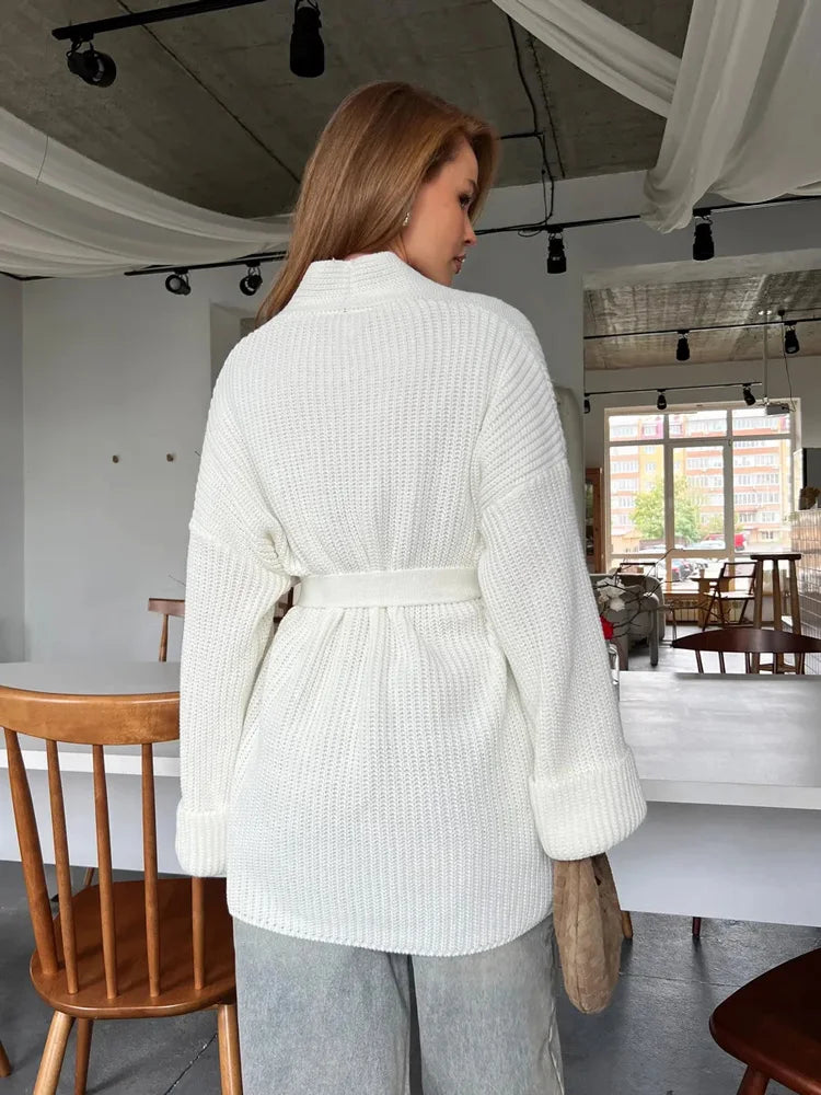 Elegant Ribbed Knit Lace-Up Cardigan Coat