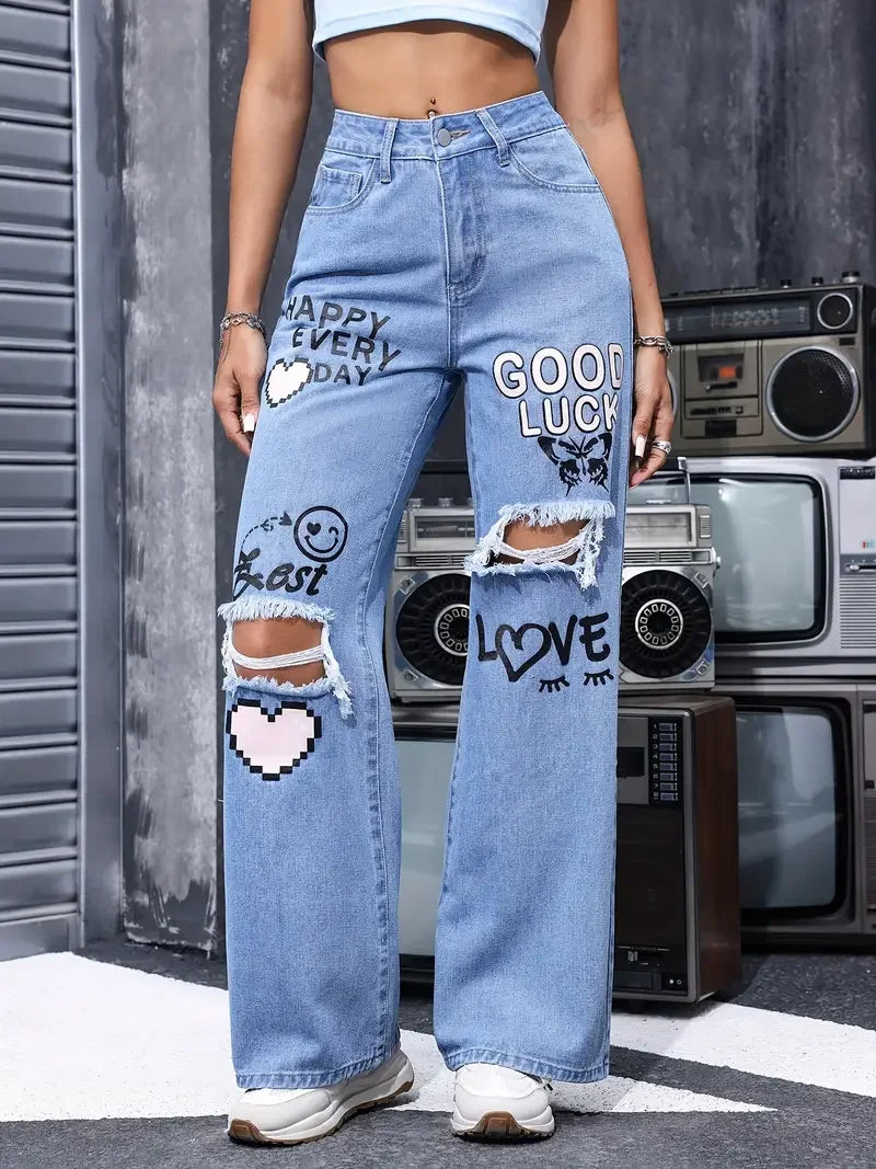 Women's Graphic Print Wide Leg Jeans - High Waisted Ripped Y2K Denim