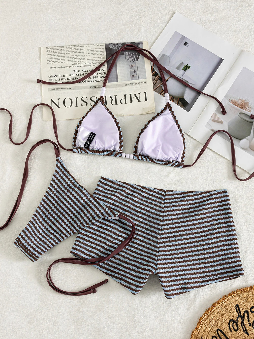 Sexy Coffee Striped Bikini Set 2026 Women Pearls Strap Push Up Bra Bandage Thong Swimsuit Bathing Suit Shorts 3 Piece Swimsuit