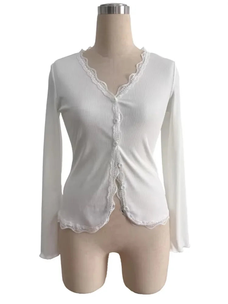 Tossy Casual Knitwear Lace V-Neck Cardigan Women Slim Solid Long Sleeves Commuting