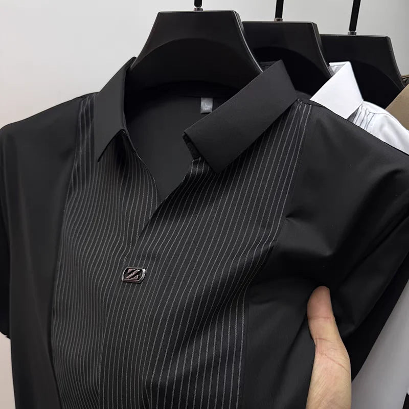 Men's Patchwork Stripe Polo Shirt - Casual Short Sleeve Fashion Polo