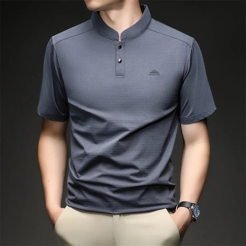 Mens Mandarin Collar Sport Polo Shirt Short Sleeve Casual Tops With Two Button Neck Comfortable Breathable Mesh Tees For Men