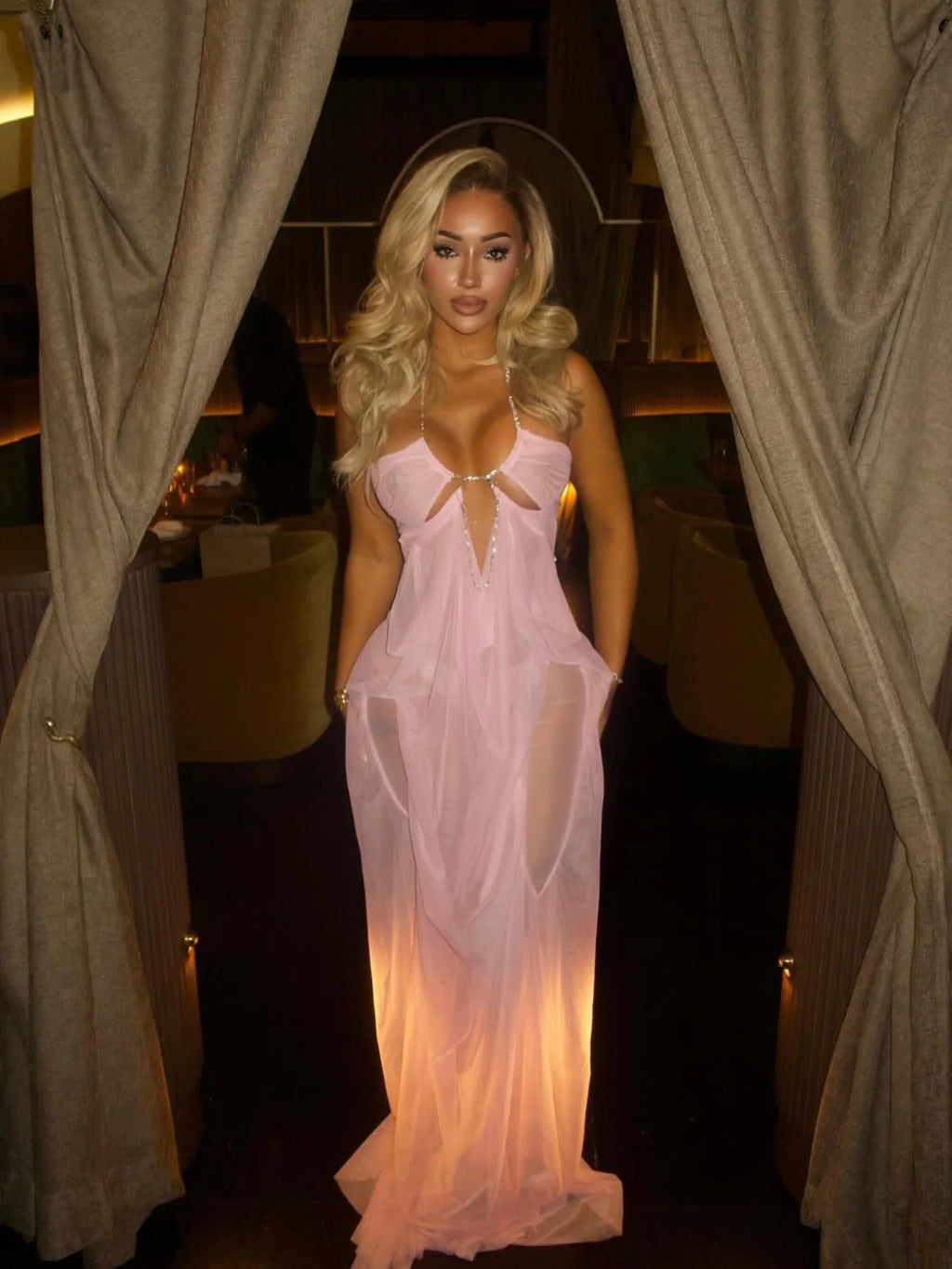 Women's Sexy Halter Maxi Dress Plunging Neck Cutout Backless Sleeveless Mesh Party Gown for Birthday Prom Cocktail