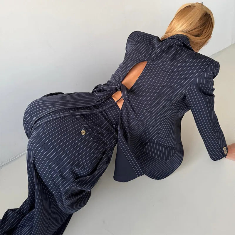 Backless Tie Waist Pinstripe Blazer Set Women 2 Pieces Lapel Button Down Blazer With High Waist Wide Leg Pants Office Suit