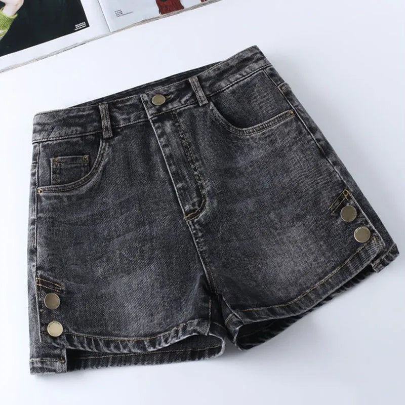 Women High Waisted Denim Shorts Versatile Chic Button Design Hot Short Jeans Woman Streetwear A-Line Wide Leg Cowboy Shorts