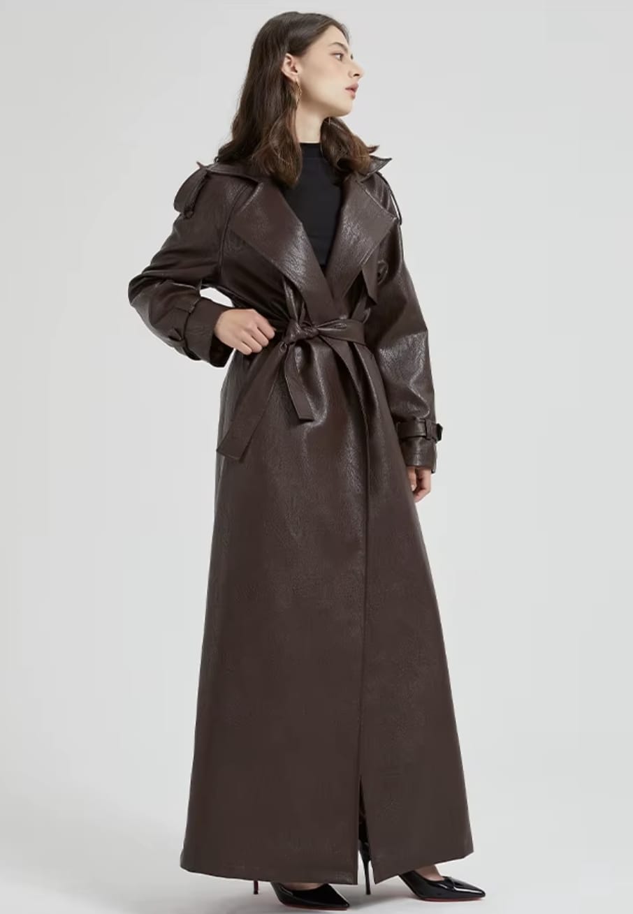 Lautaro Spring Autumn Extra Long Brown Pu Leather Trench Coat for Women Sashes Luxury Chic Overcoat Runway European Fashion 2024